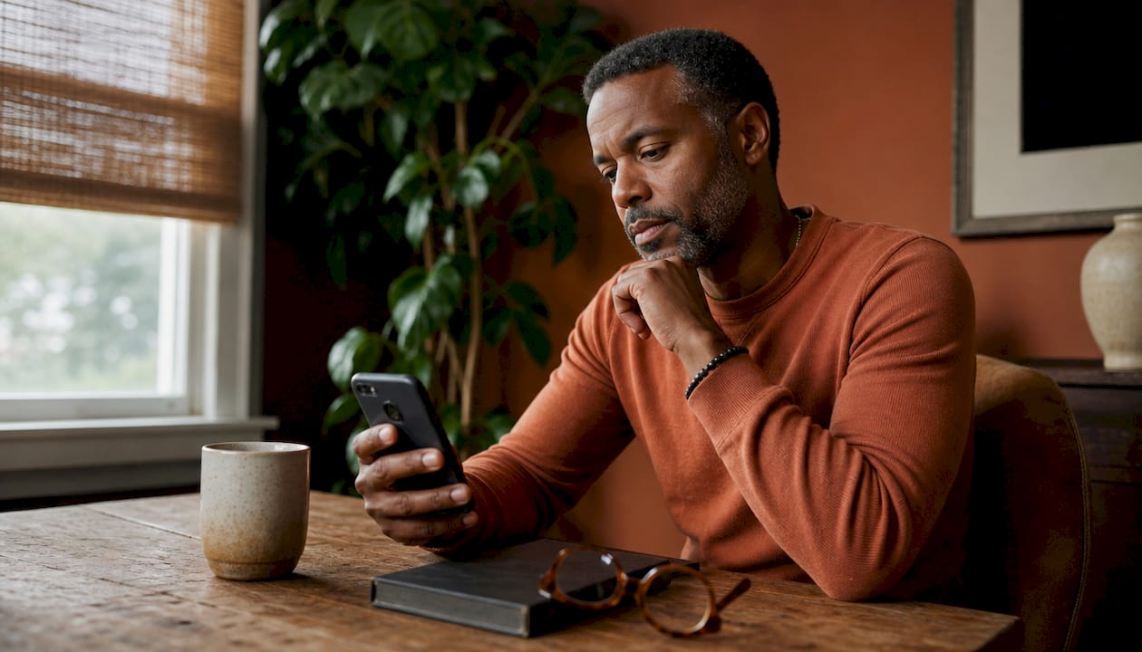 Man thoughtfully viewing phone in modern apartment
