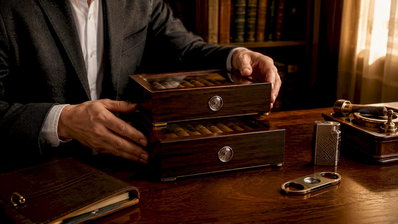 Hands stacking magnetic tabletop humidors