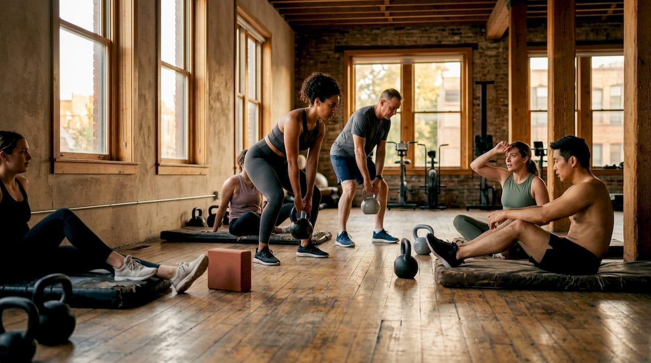 Overhead view of mixed ability group fitness training