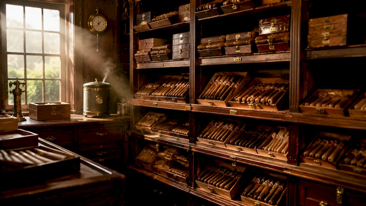 Inside view of cabinet humidor with cigar arrangement and hygrometer