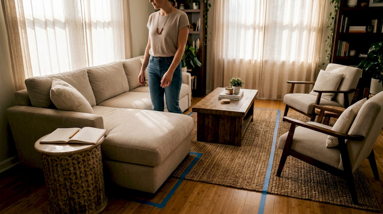 Clearance paths marked around living room furniture
