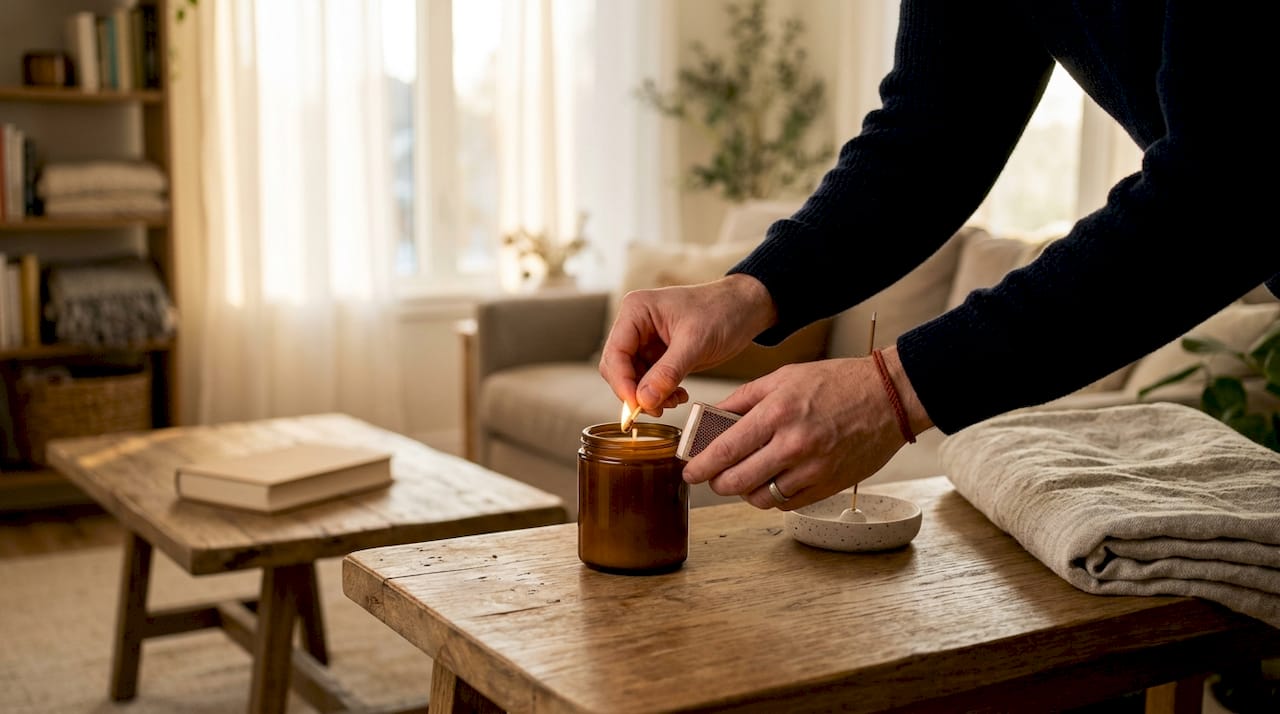 Hands lighting candle in wellness ritual setting