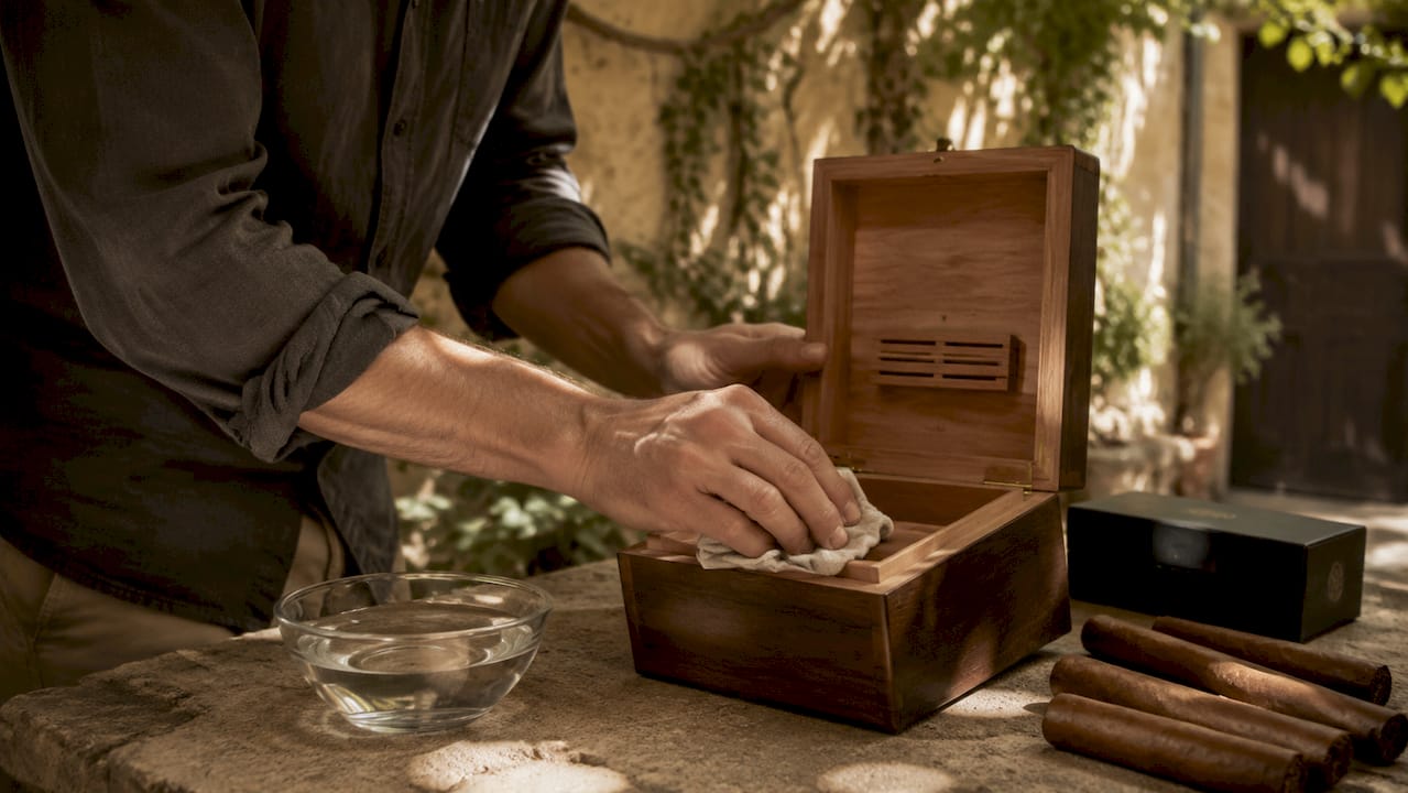 Hands seasoning cedar lining inside backup humidor
