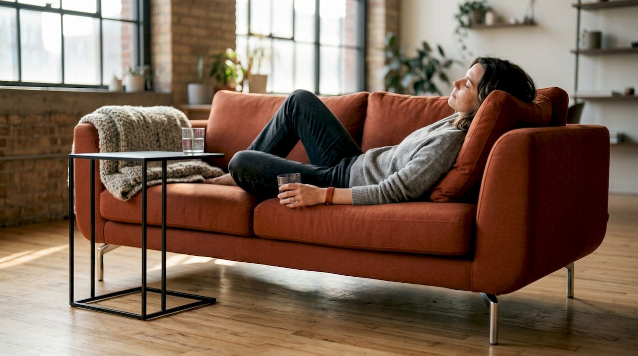 Side profile of person on low-profile sofa in minimalist room