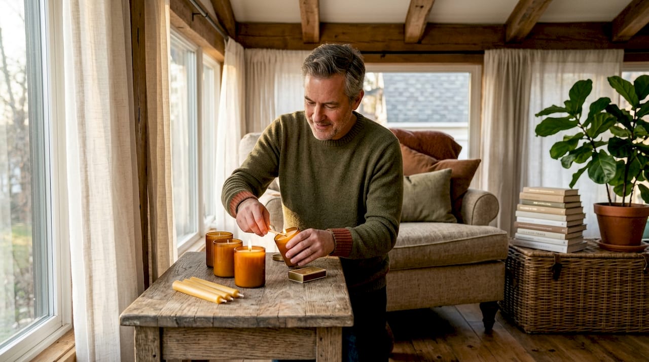 Man lighting candles in warm cozy living room corner