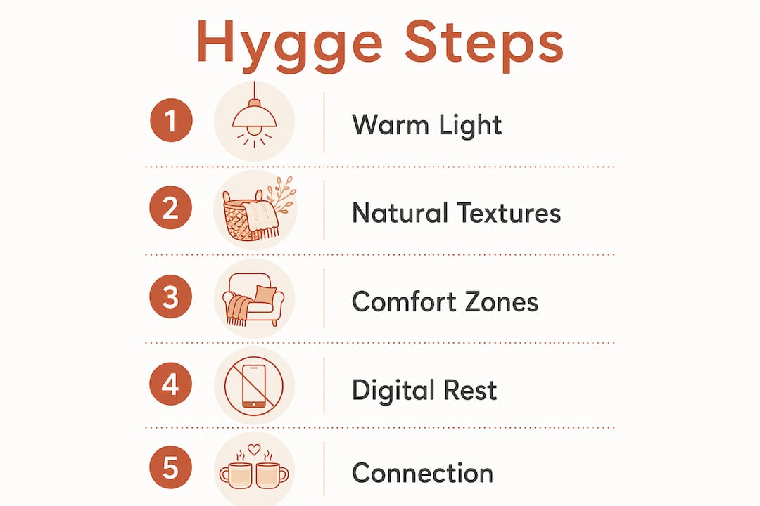 Infographic showing core hygge atmosphere steps