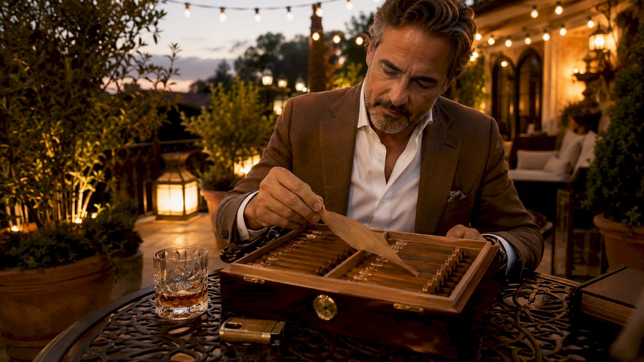 Man inserting cedar sheet in cigar humidor