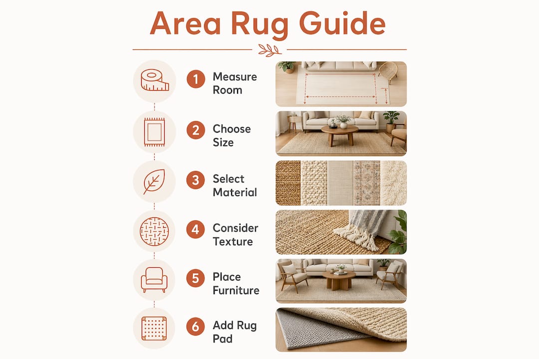 Infographic outlining steps to select and place area rugs in rooms