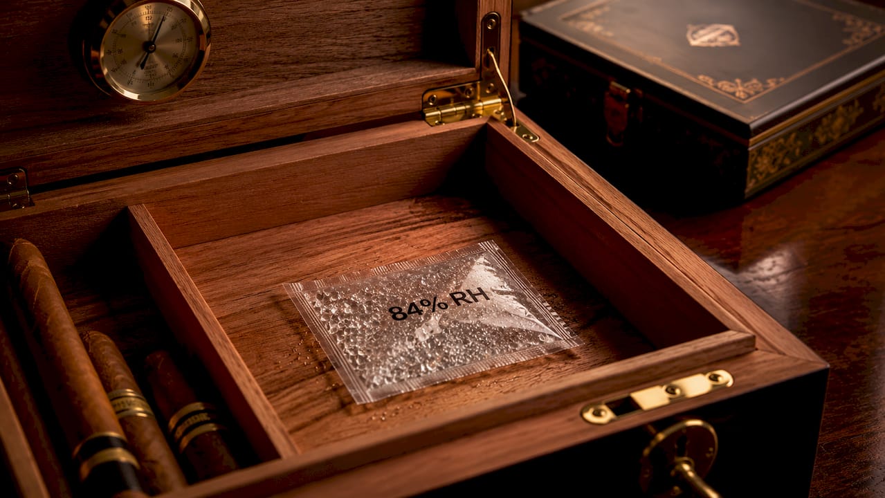 Spanish cedar humidor interior with seasoning pack close-up