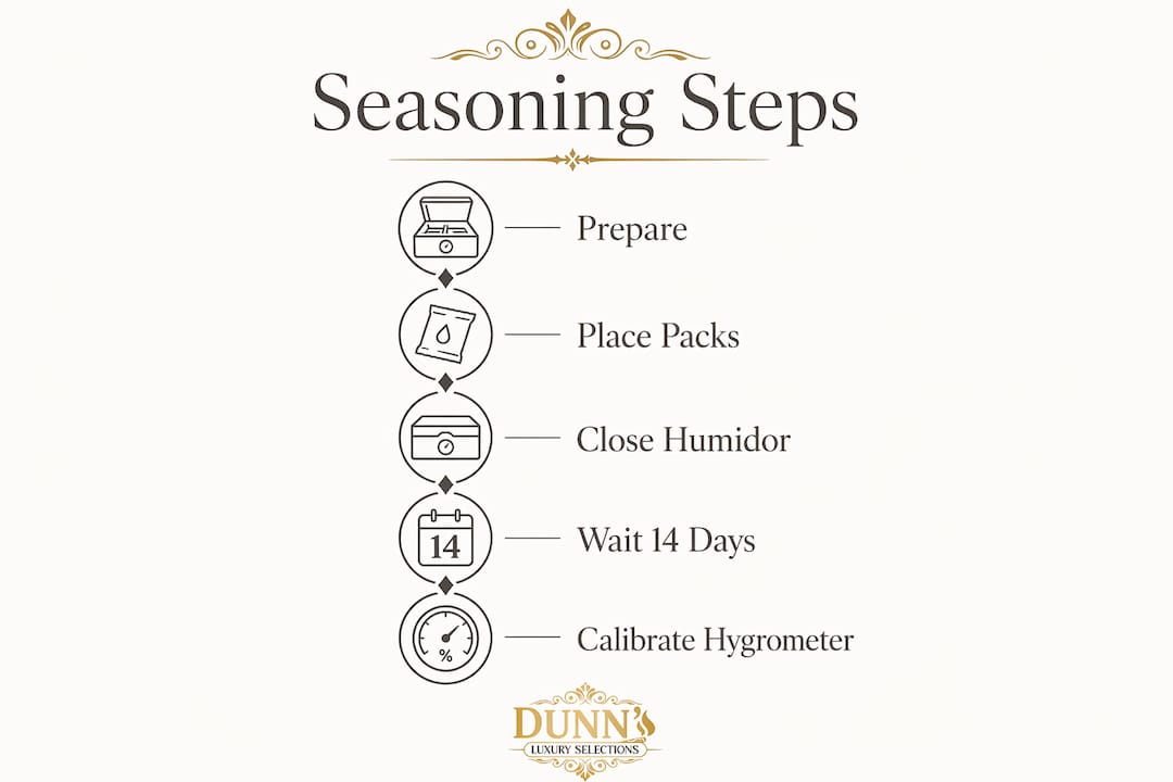 Infographic illustrating step-by-step humidor seasoning process