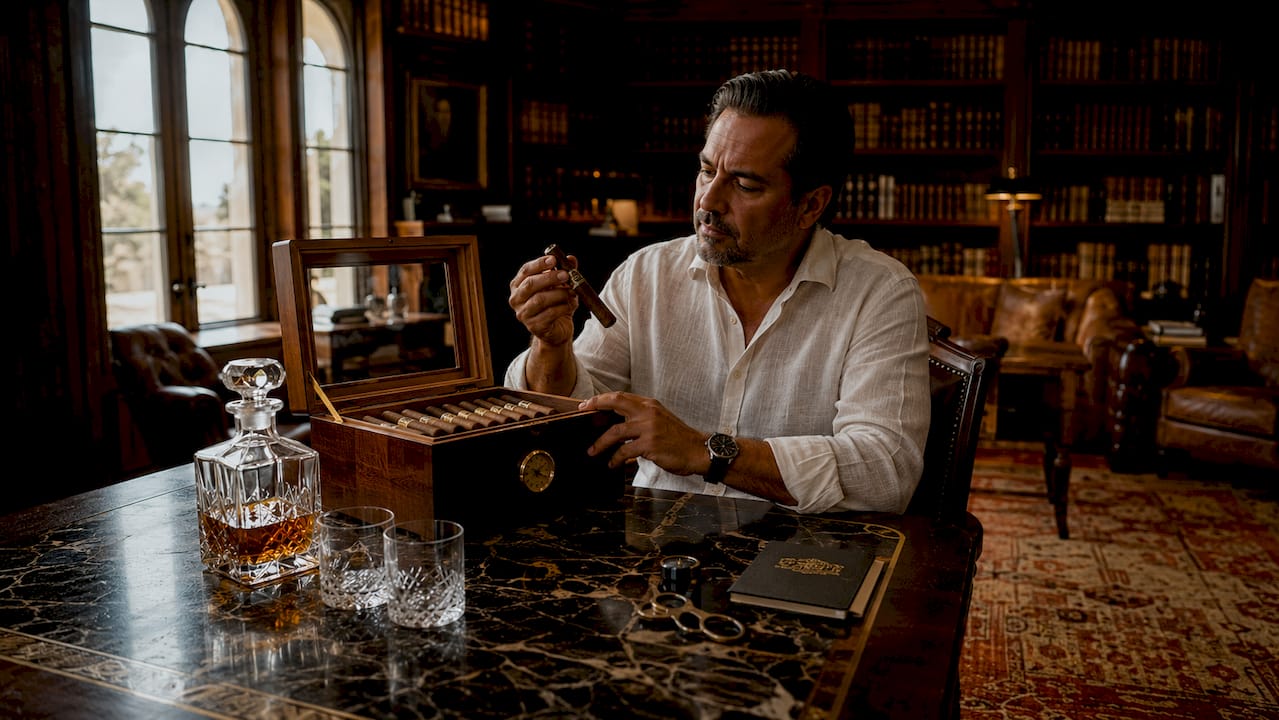 Man inspecting cigars in desktop humidor
