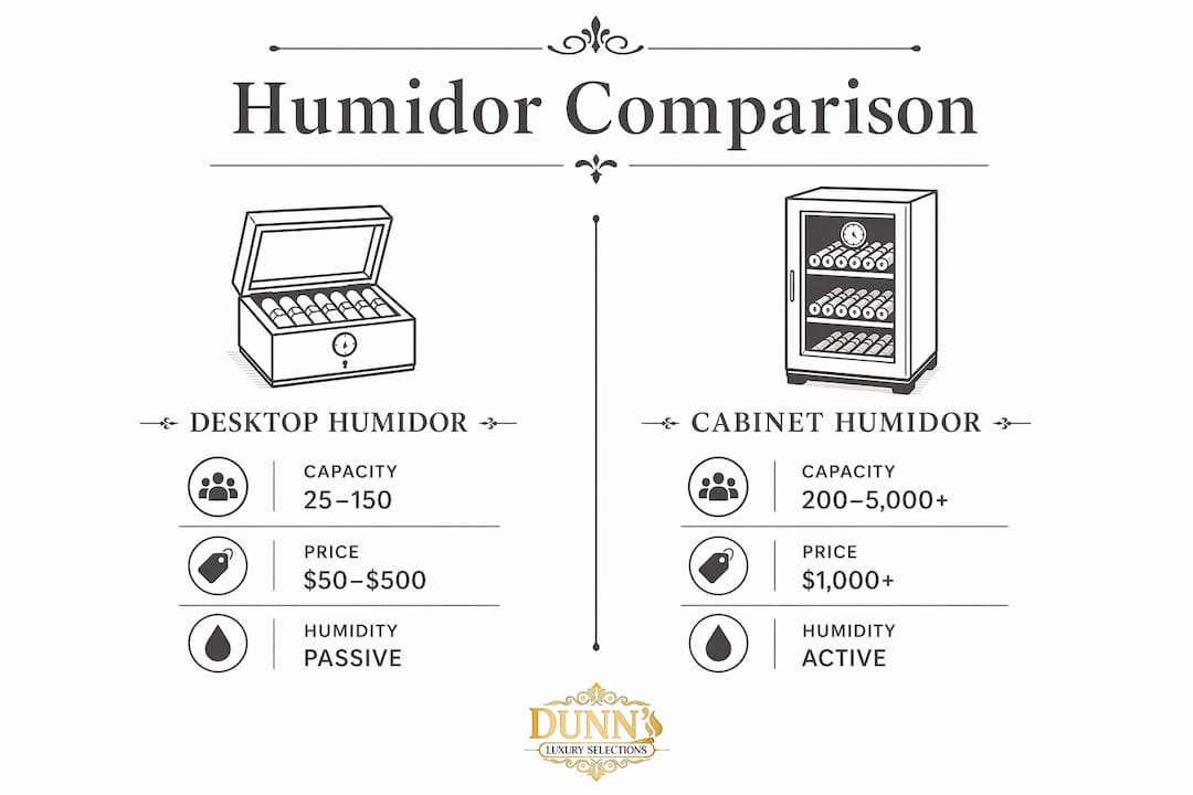 Infographic comparing desktop and cabinet humidors