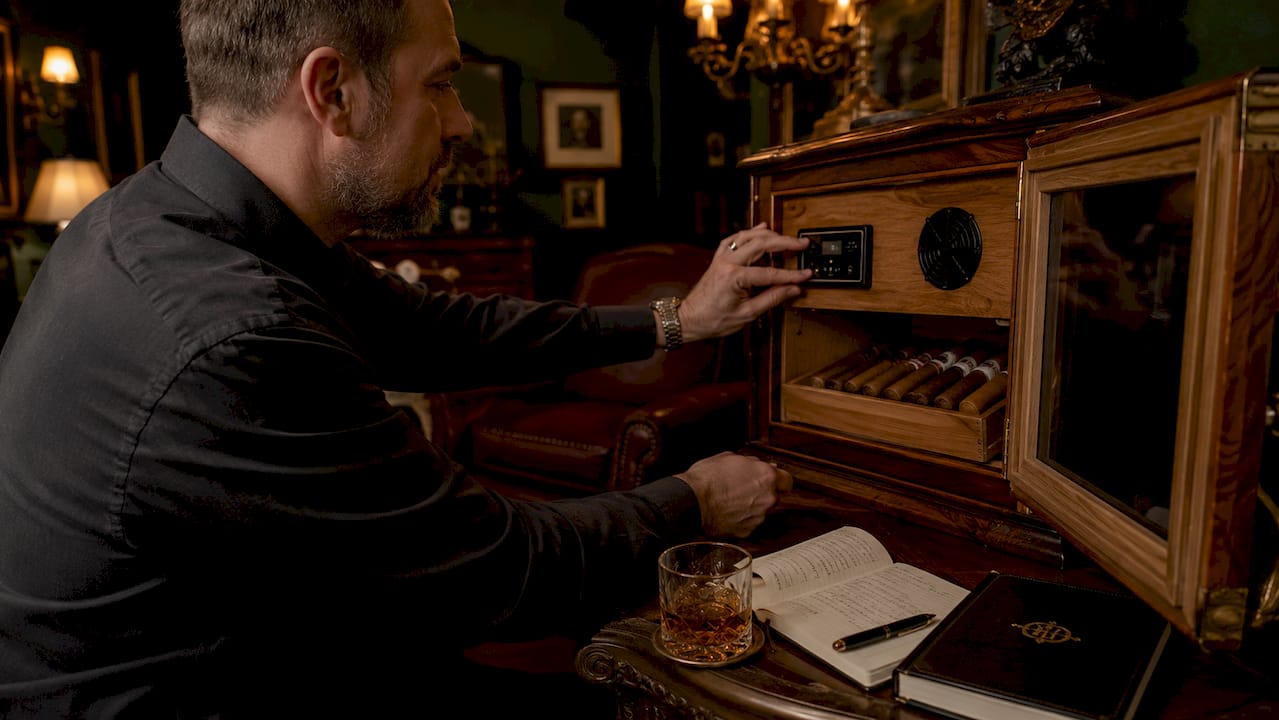 Man adjusting humidor's digital humidity controls