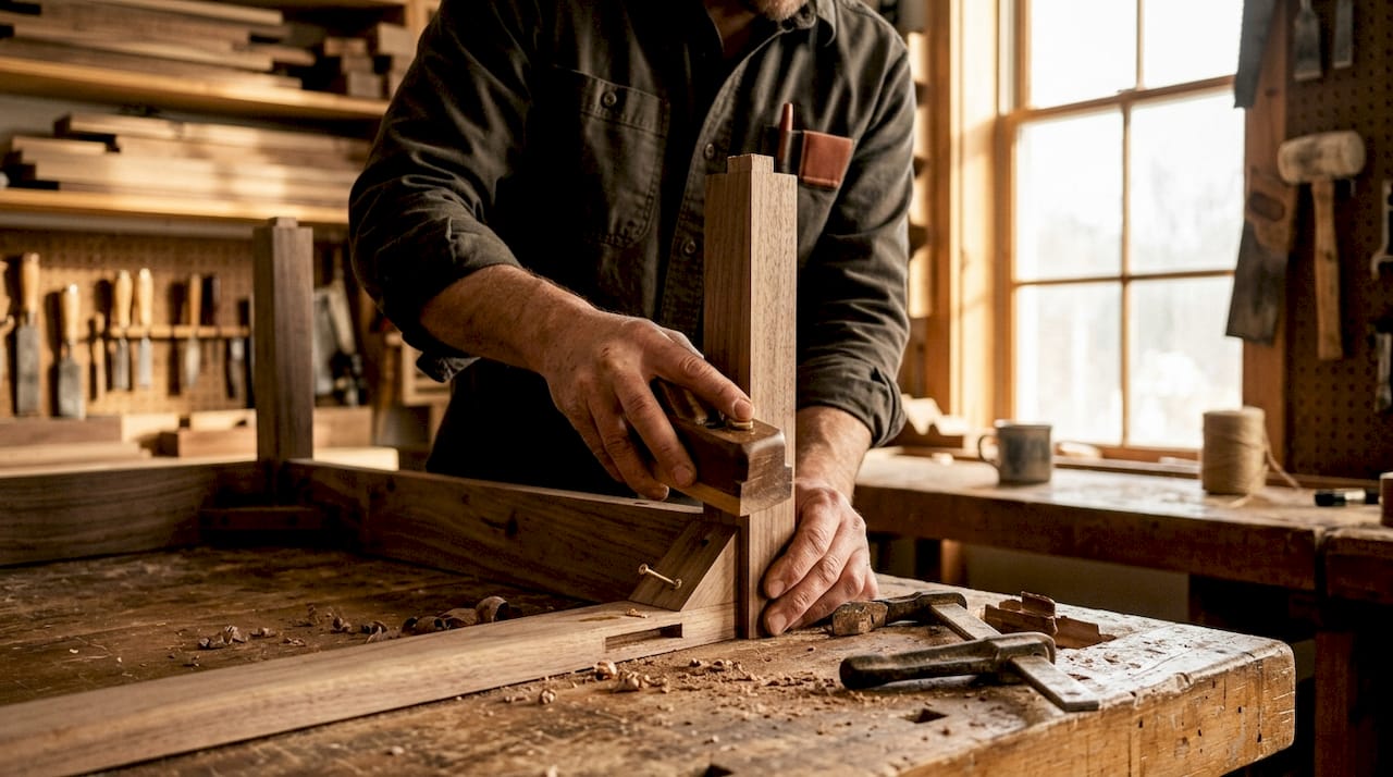 Craftsman assembling hardwood sofa frame hands close-up