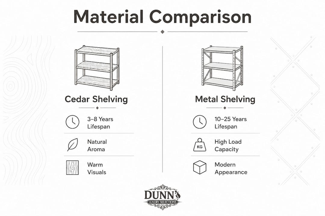 Infographic comparing cedar and metal shelving features