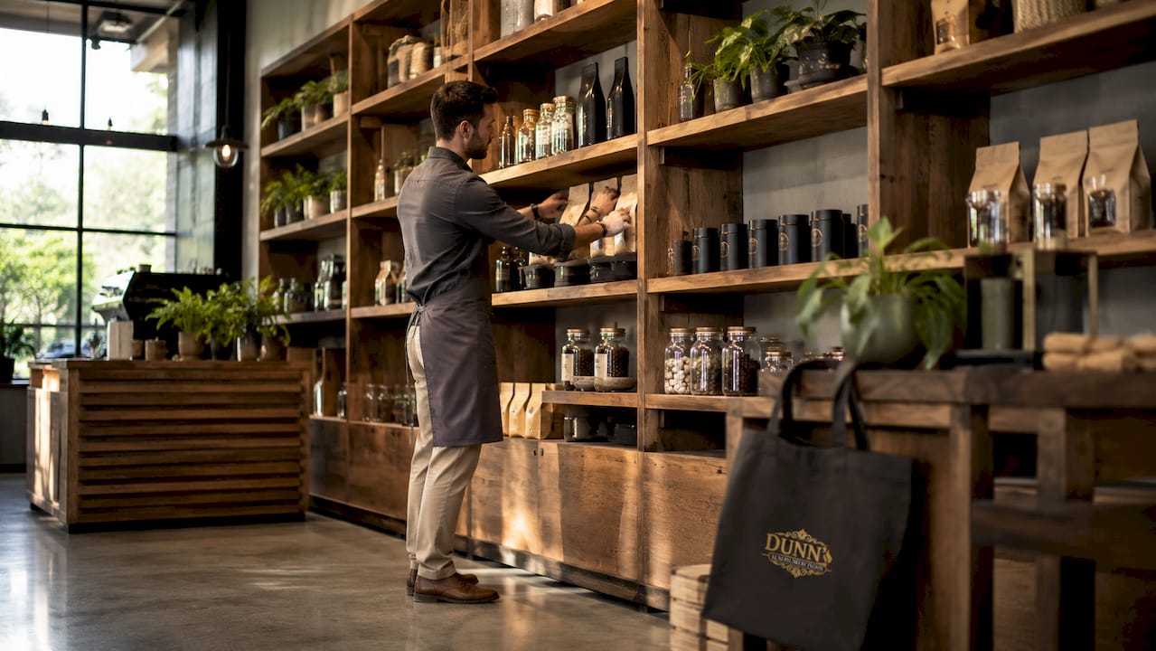 Retail interior with cedar wood shelving units