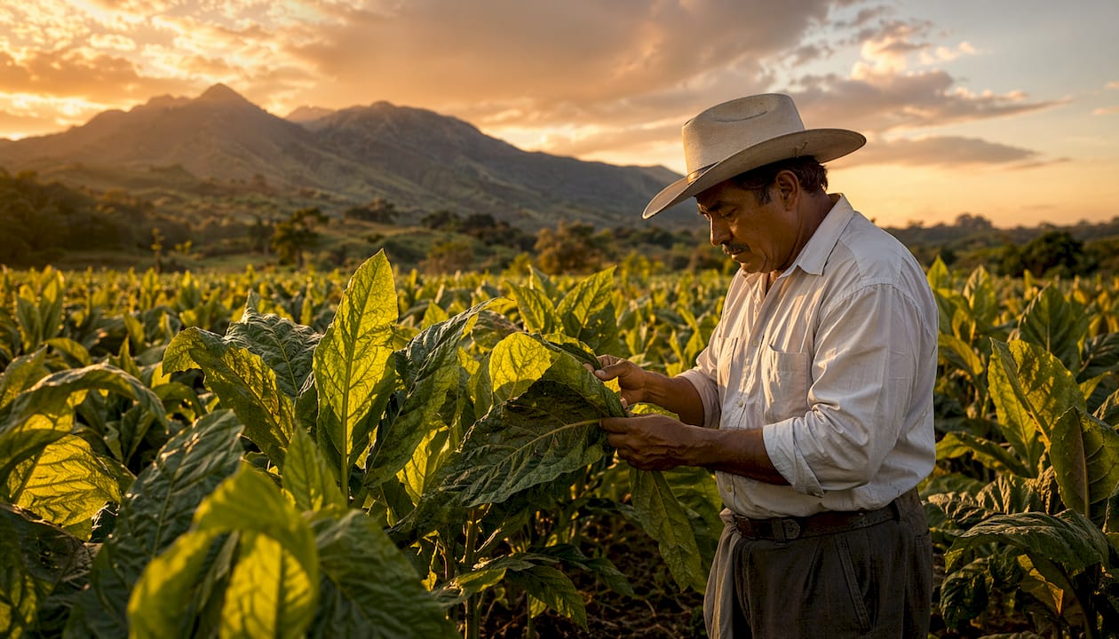Tobacco field with farmer at high altitude