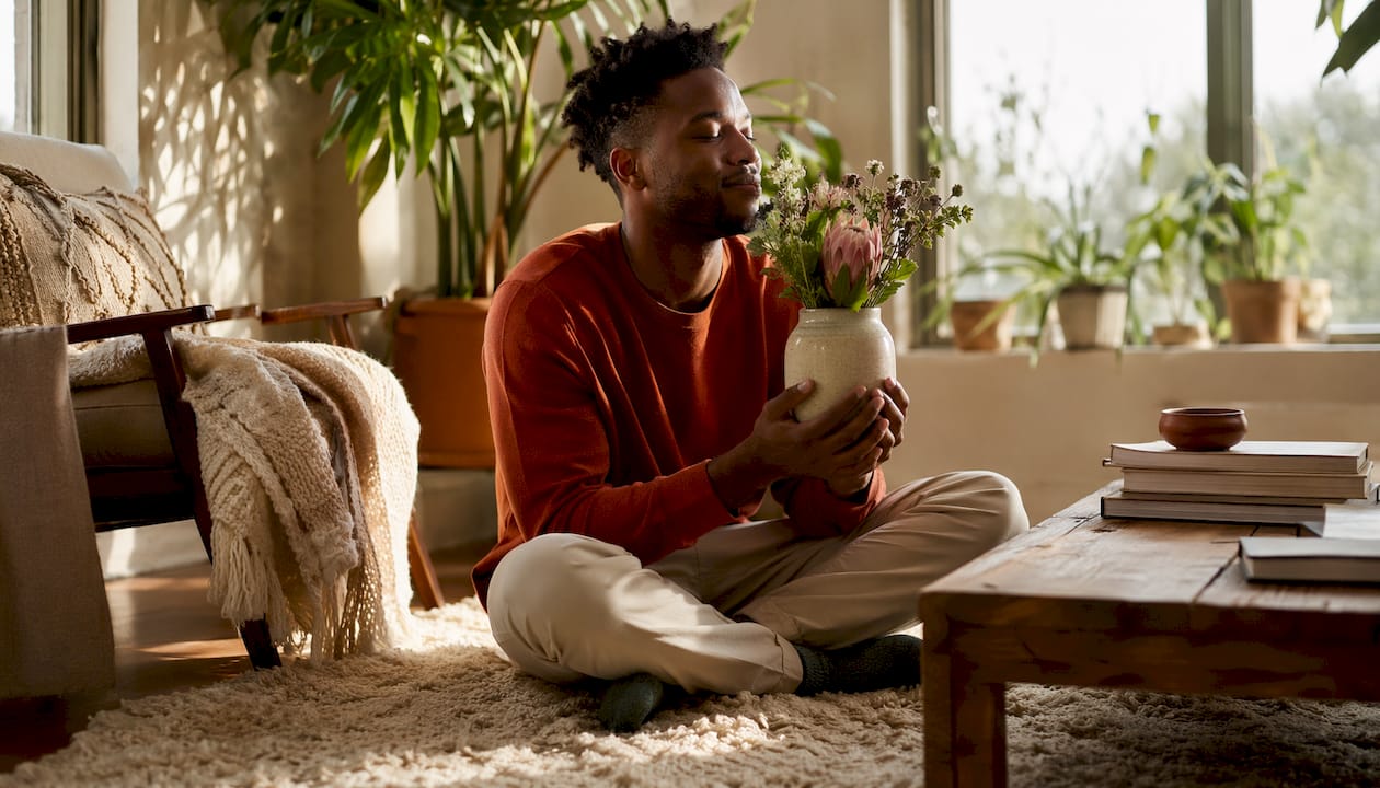 Man enjoying natural sunlight at dining table