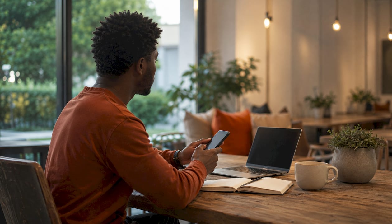 Man controlling smart office lighting with smartphone