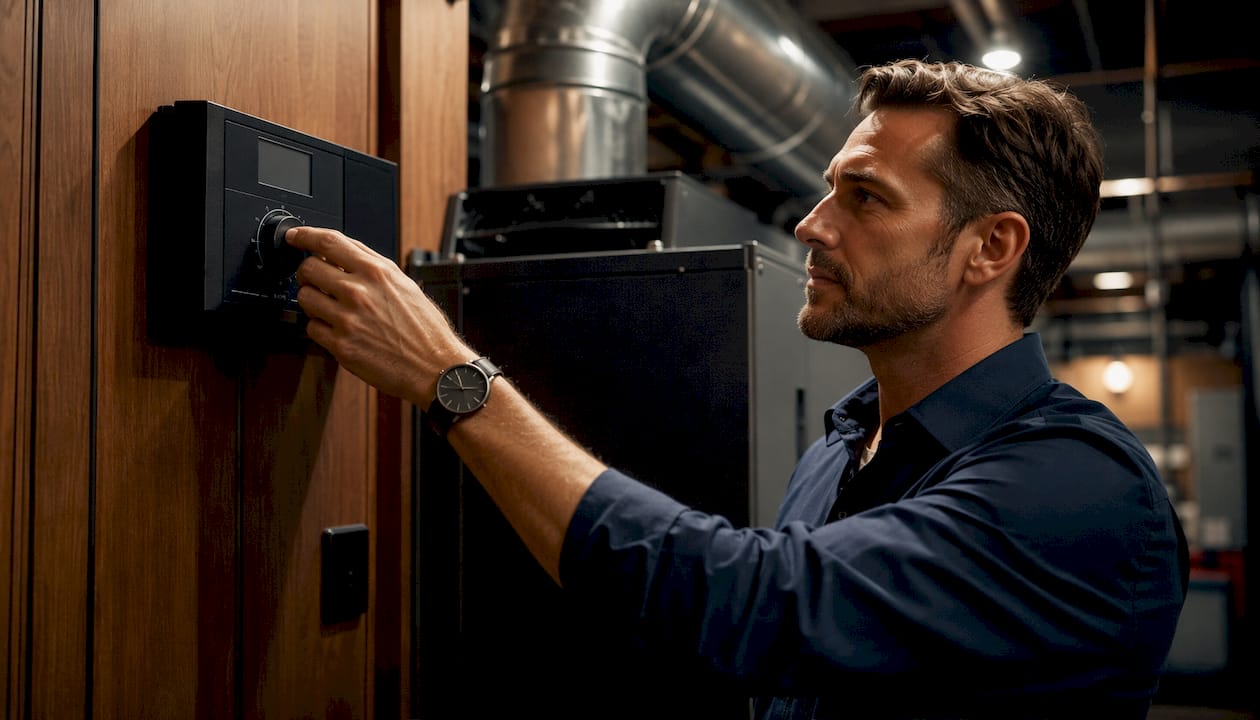 Engineer adjusting humidistat control panel