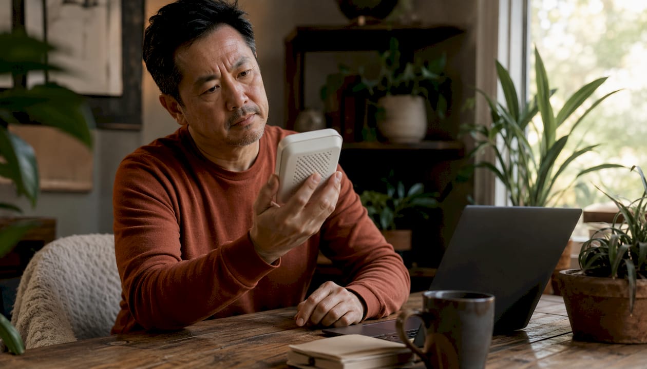 Man checking air quality monitor in office