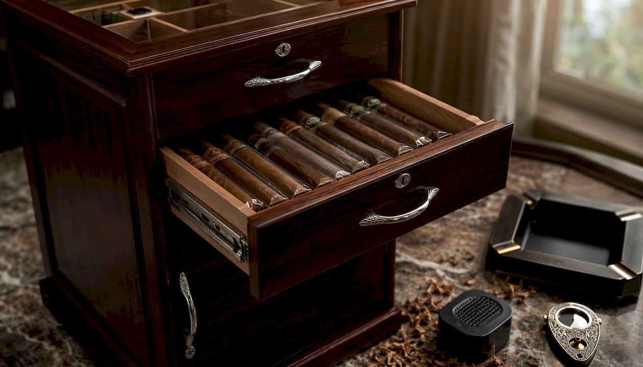 Open seasoned humidor with cigars inside