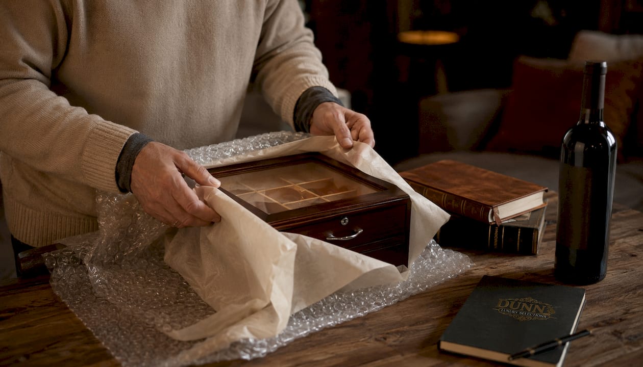 Close-up of protective wrapping layers on humidor