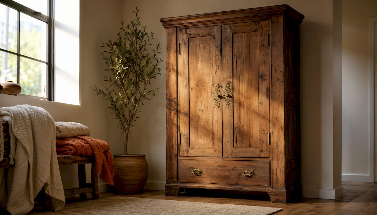 Close-up textured vintage wooden armoire and rattan baskets