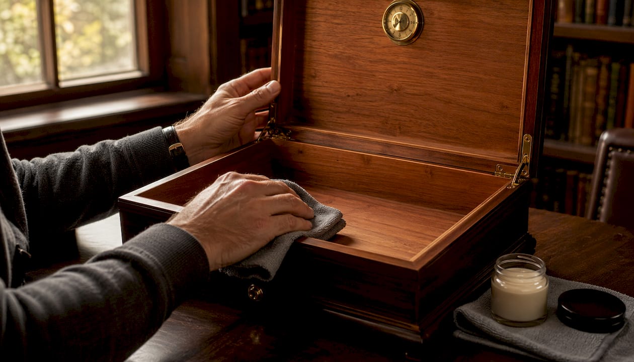 Hands sanding cedar lining inside humidor