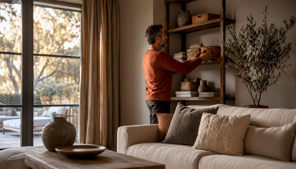 Man adjusting curtains in charcoal-toned living room natural light