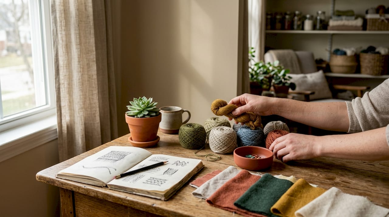 Hands arranging neutral fabric samples over desk