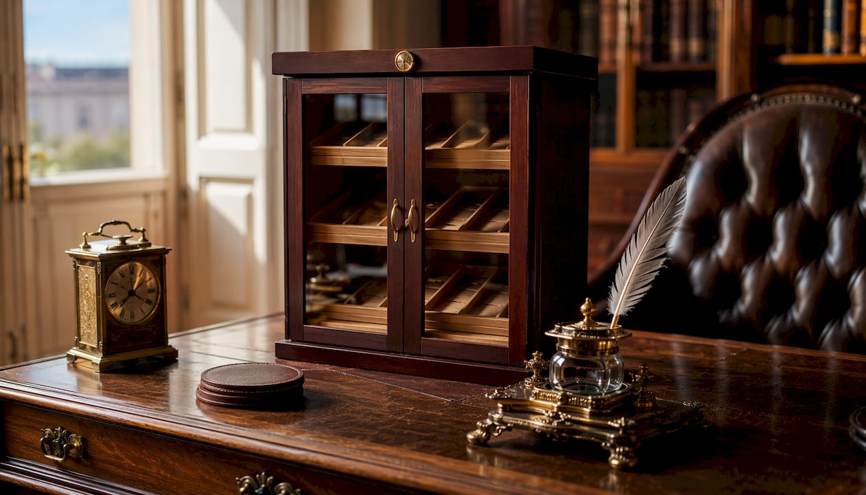 Desktop humidor on mahogany desk with accessories