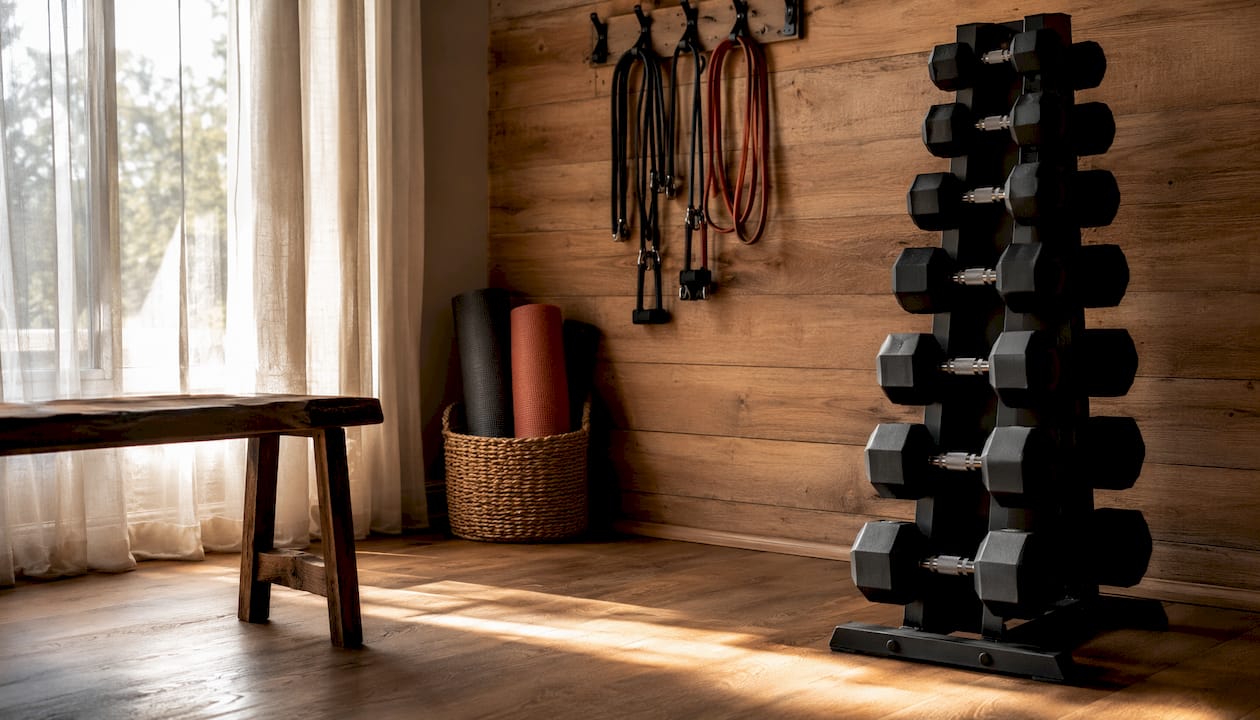 Organized dumbbell rack and storage corner