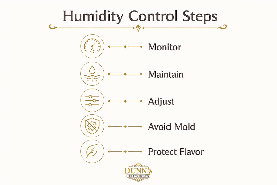 Infographic illustrating key steps of humidity control for cigars