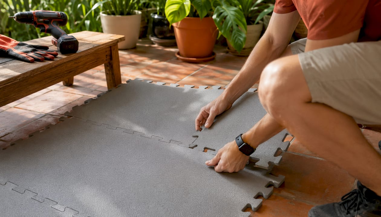 Hands installing foam interlocking gym floor tiles