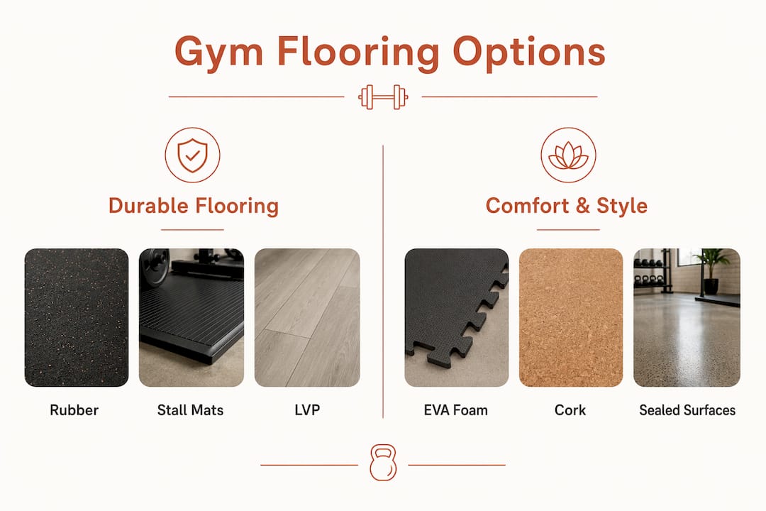 Infographic comparing durable and comfort home gym flooring options