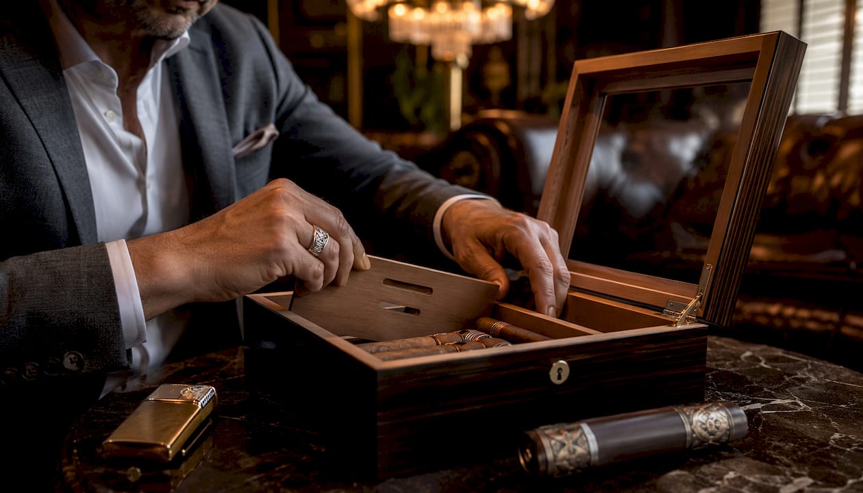 Collector installing cedar divider in humidor