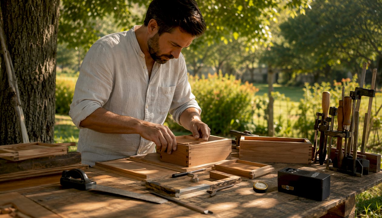 Hands assembling luxury humidor components