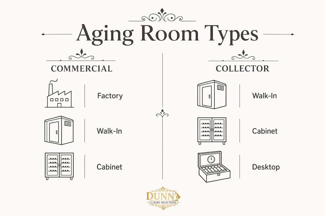 Infographic comparing commercial and collector cigar aging room types
