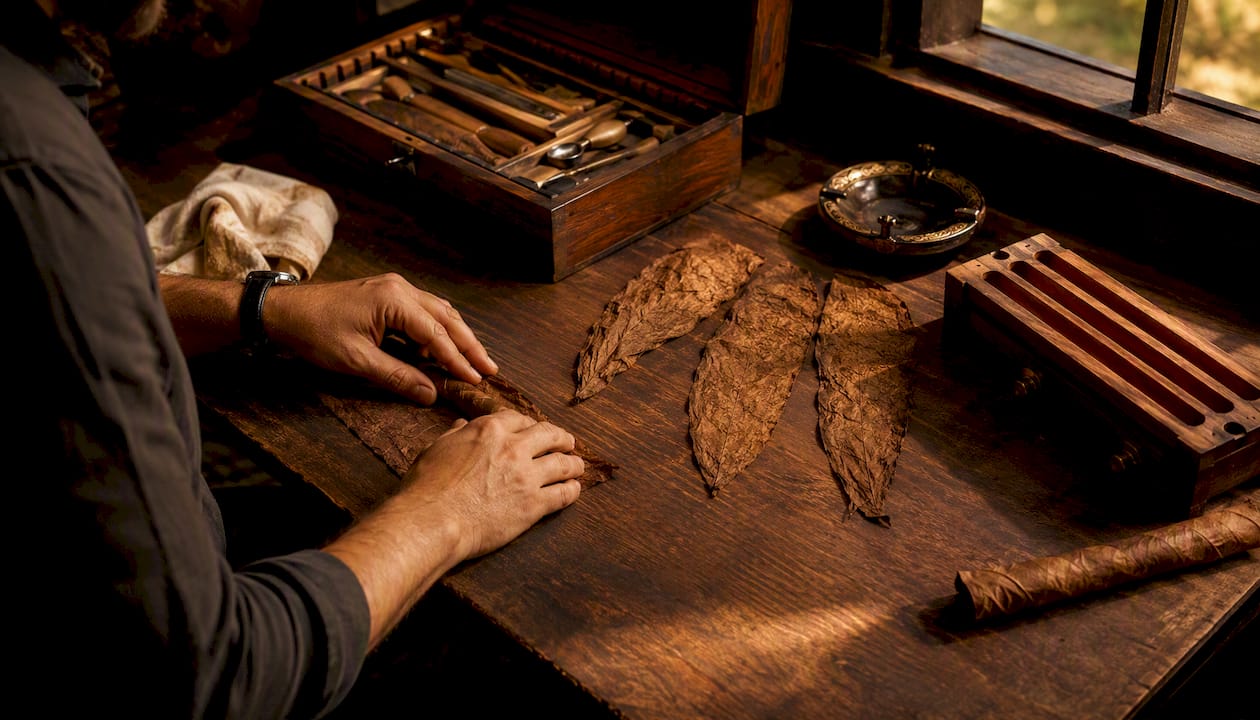Overhead view of hands practicing book cigar bunching