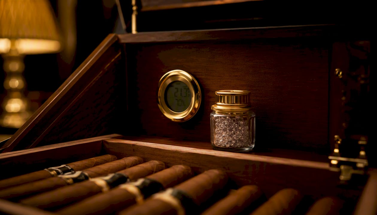 Humidor interior showing hygrometer and humidification media