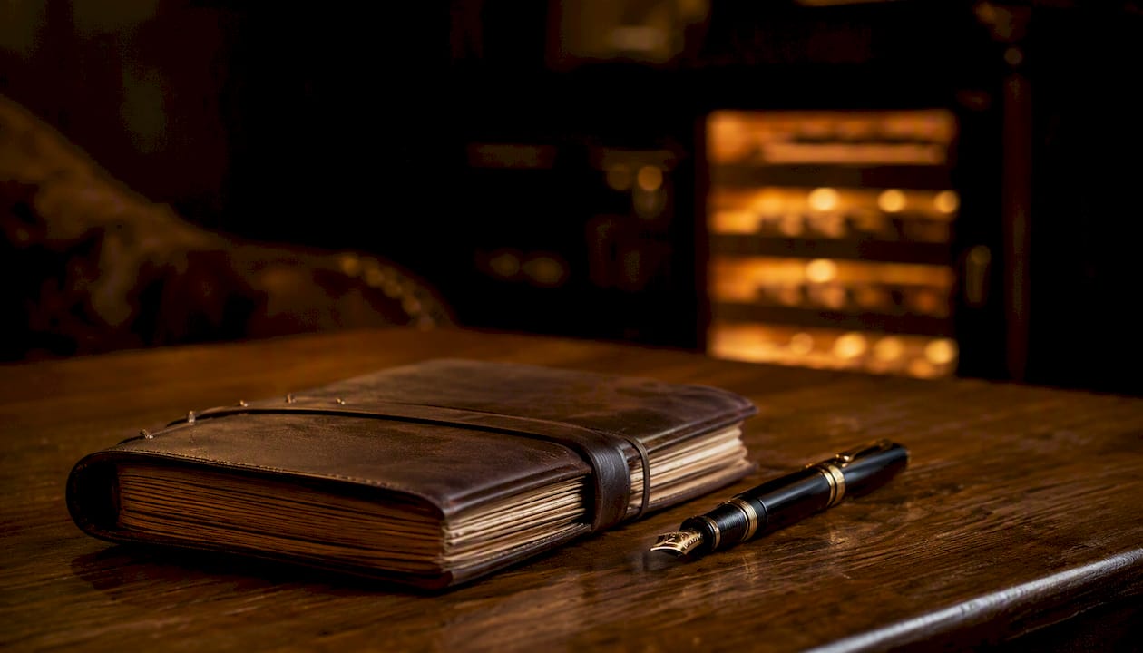 Leather cigar journal beside humidor silhouette
