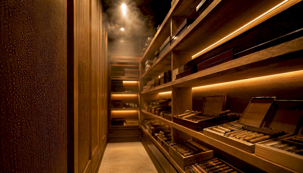 Elegant walk-in humidor with cedar shelves and humidifier fog