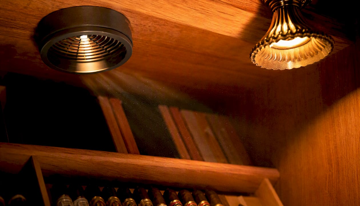 Circulation fan inside cigar cabinet near cedar shelves