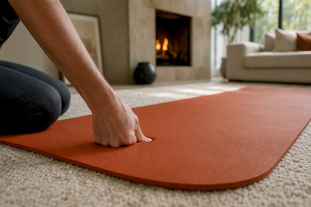 Hand pressing yoga mat showing foam density