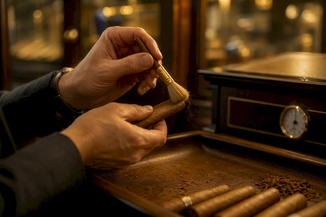 Hands brushing plume off cigar wrapper carefully