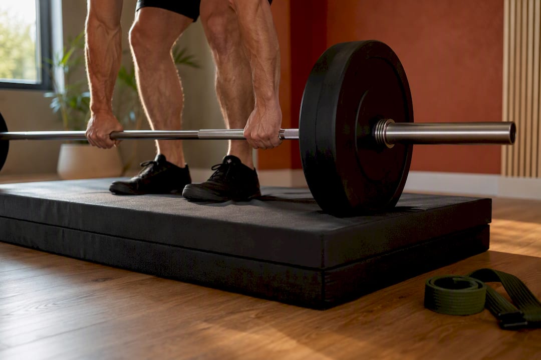 Athlete lowering barbell onto drop pad