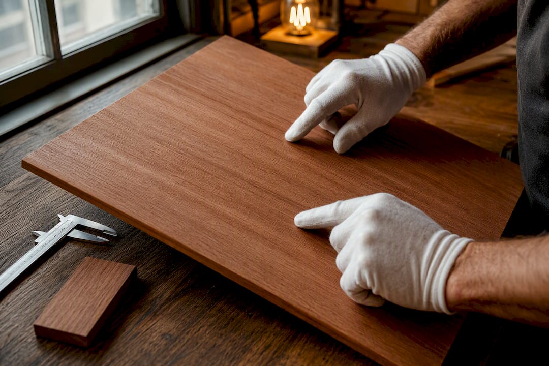 Hands examining Spanish cedar paneling