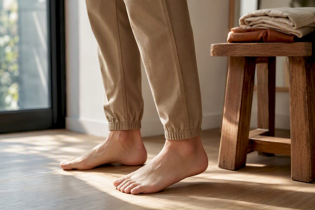 Shopper checking jogger hem length