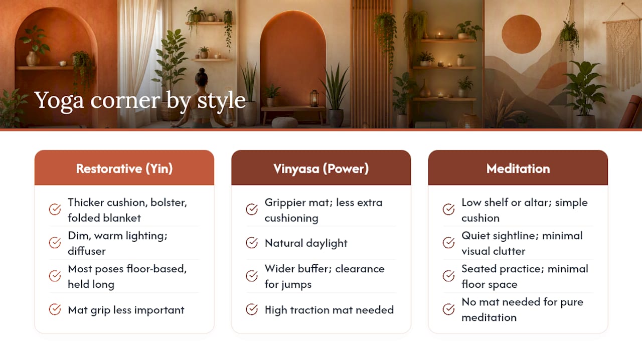 Comparison of yoga corner setups by practice style